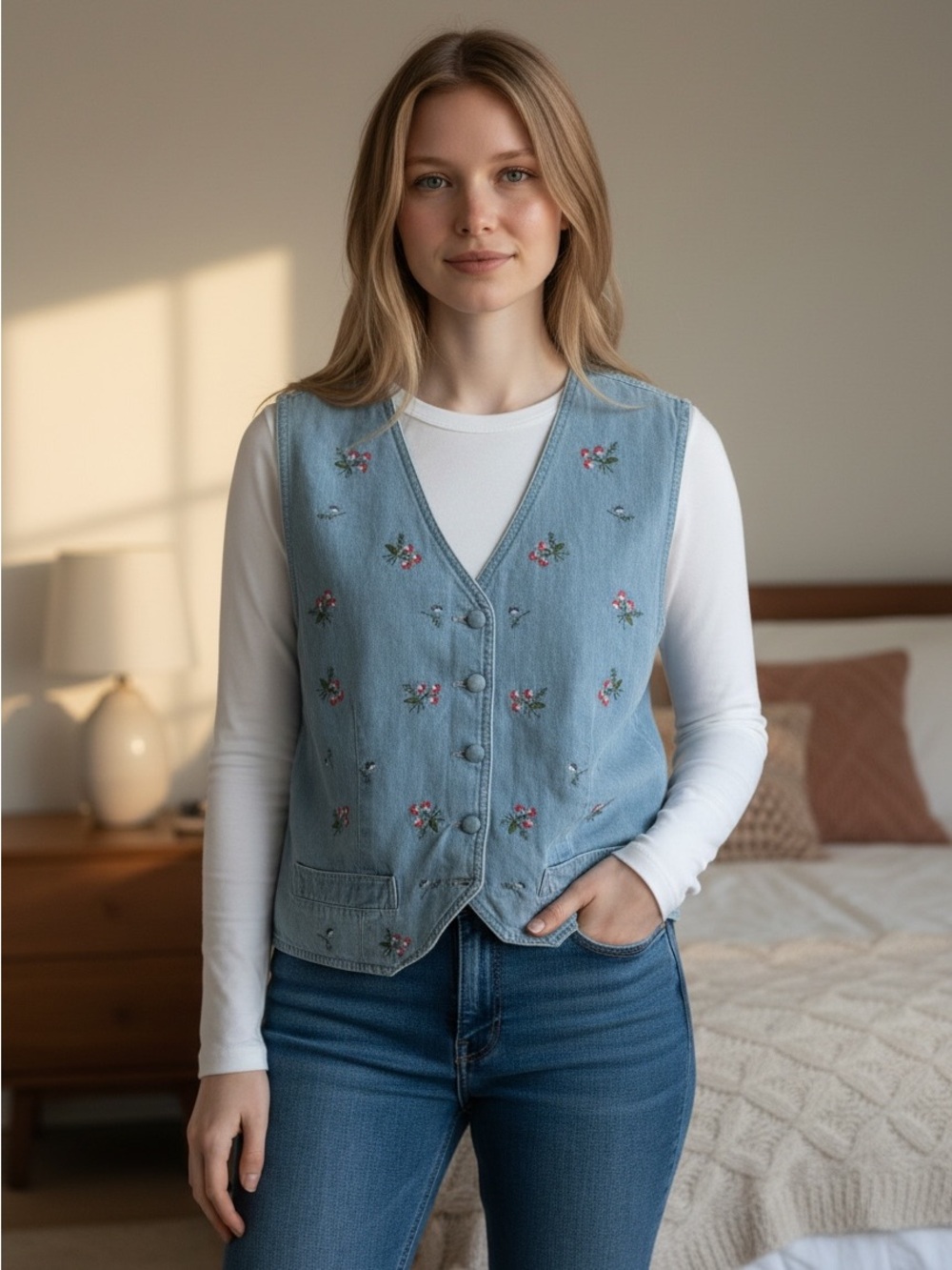 Vtg Light Blue Embroidered Floral Denim Vest - Women's